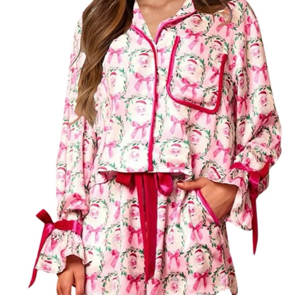 Santa Pajama Set with Velvet Ribbon Accents
